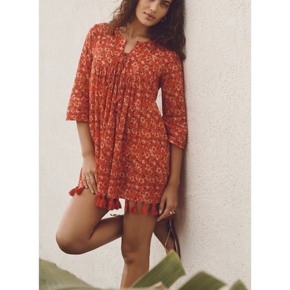 Ro's Garden Seychelles Fringe Mini Babydoll Dress Red Floral Medium Feminine